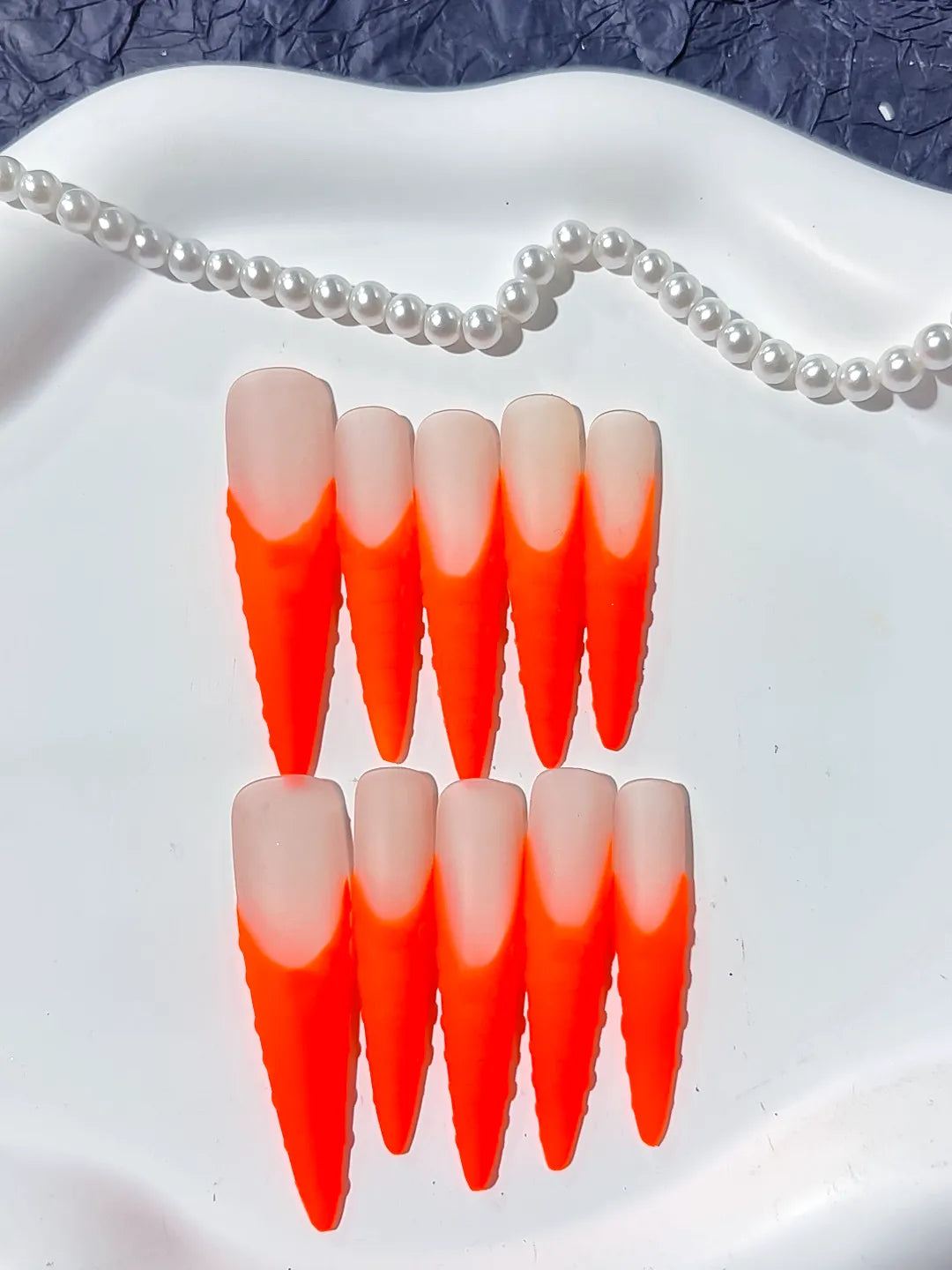 Orange Nude Ombre press on nails detail view