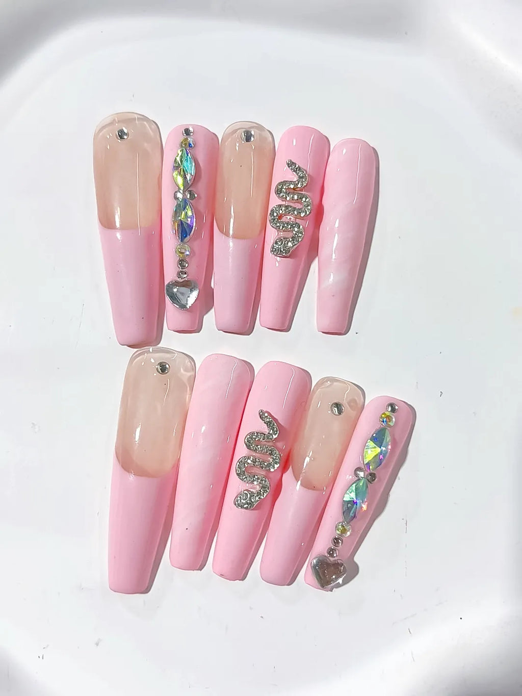 Pink Nude Silver Multicolor Solid color Heart Snake Rhinestone Metallic Accent press on nails close up