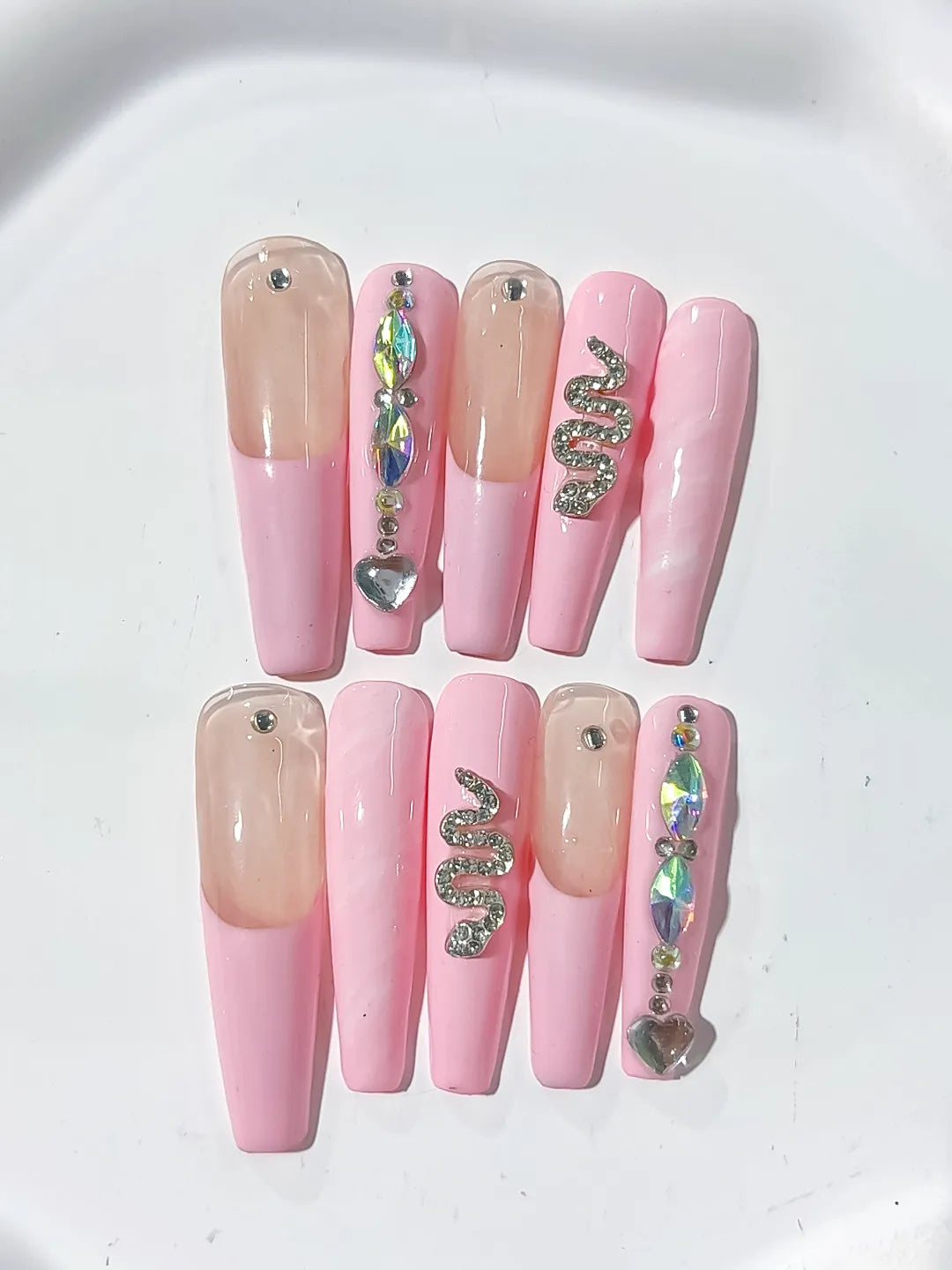 Pink Nude Silver Multicolor Solid color Heart Snake Rhinestone Metallic Accent press on nails detail view