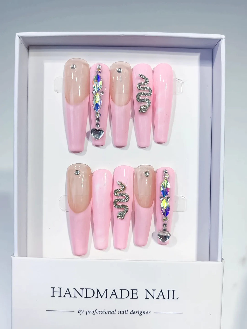 Pink Nude Silver Multicolor Solid color Heart Snake Rhinestone Metallic Accent press on nails full set view