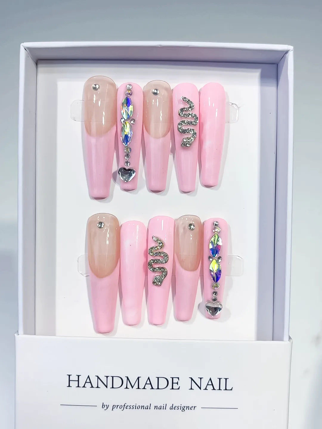 Pink Nude Silver Multicolor Solid color Heart Snake Rhinestone Metallic Accent press on nails full set view