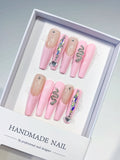 Pink Nude Silver Multicolor Solid color Heart Snake Rhinestone Metallic Accent press on nails