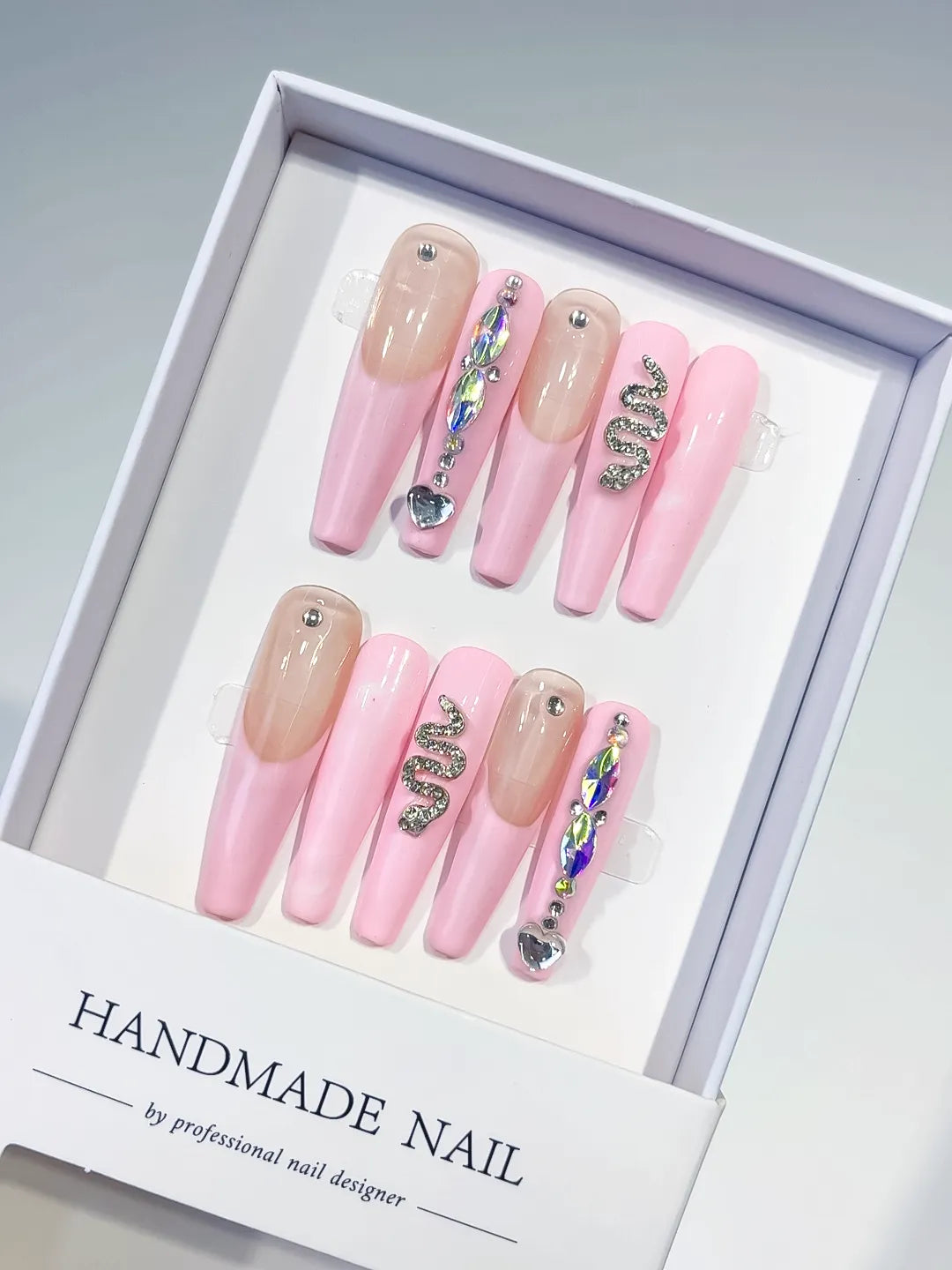 Pink Nude Silver Multicolor Solid color Heart Snake Rhinestone Metallic Accent press on nails