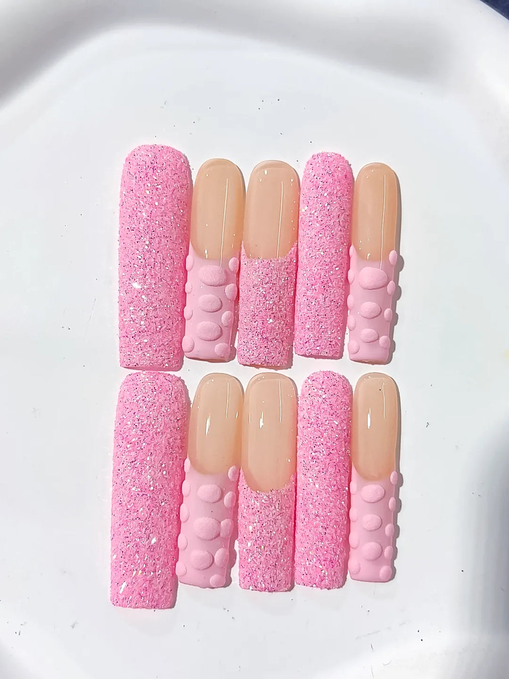 Pink Nude Glitter 3D Texture press on nails close up