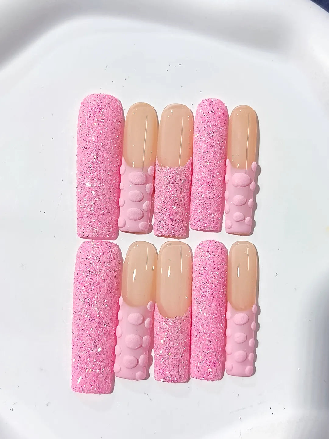 Pink Nude Glitter 3D Texture press on nails close up