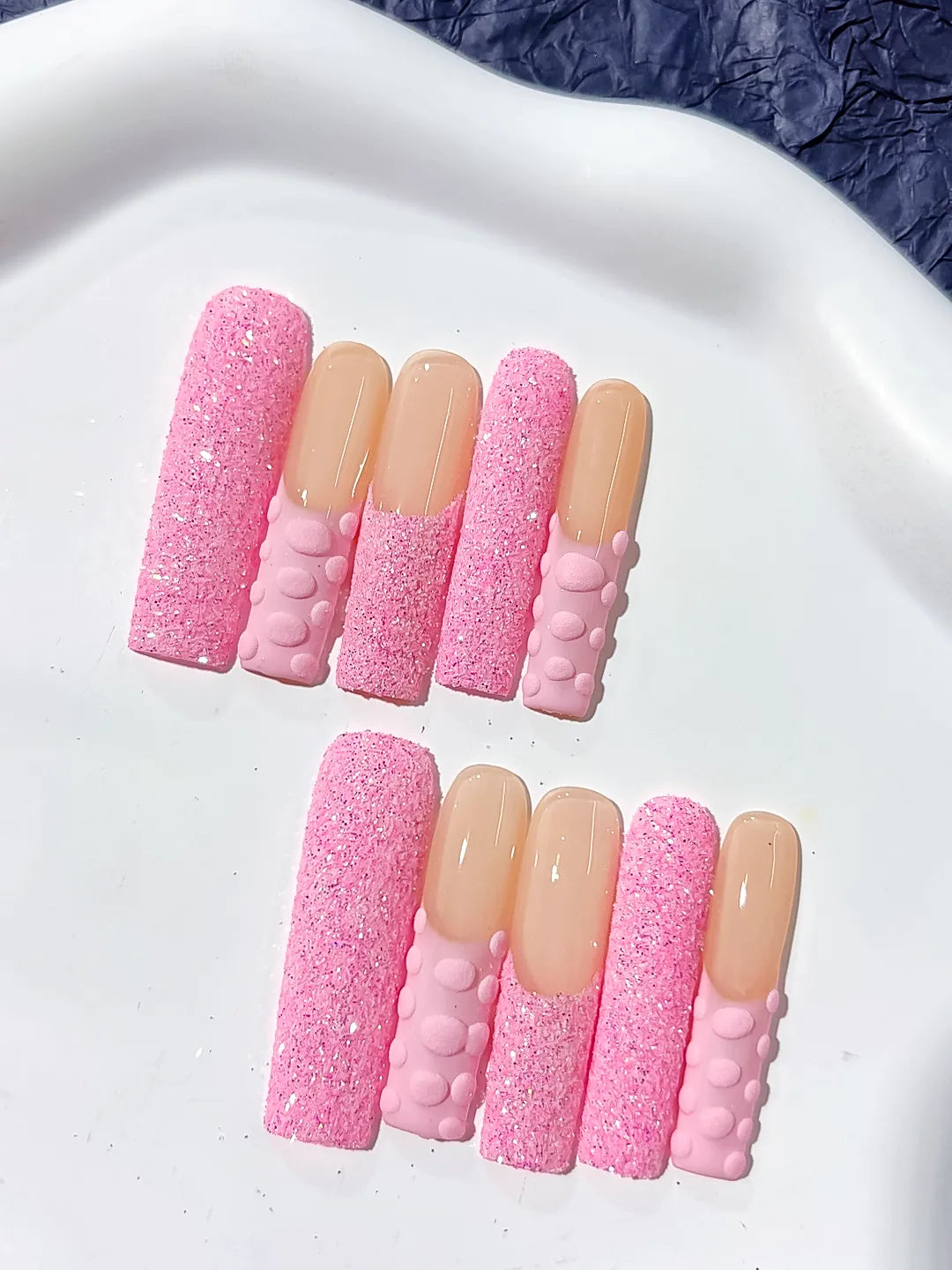 Pink Nude Glitter 3D Texture press on nails detail view