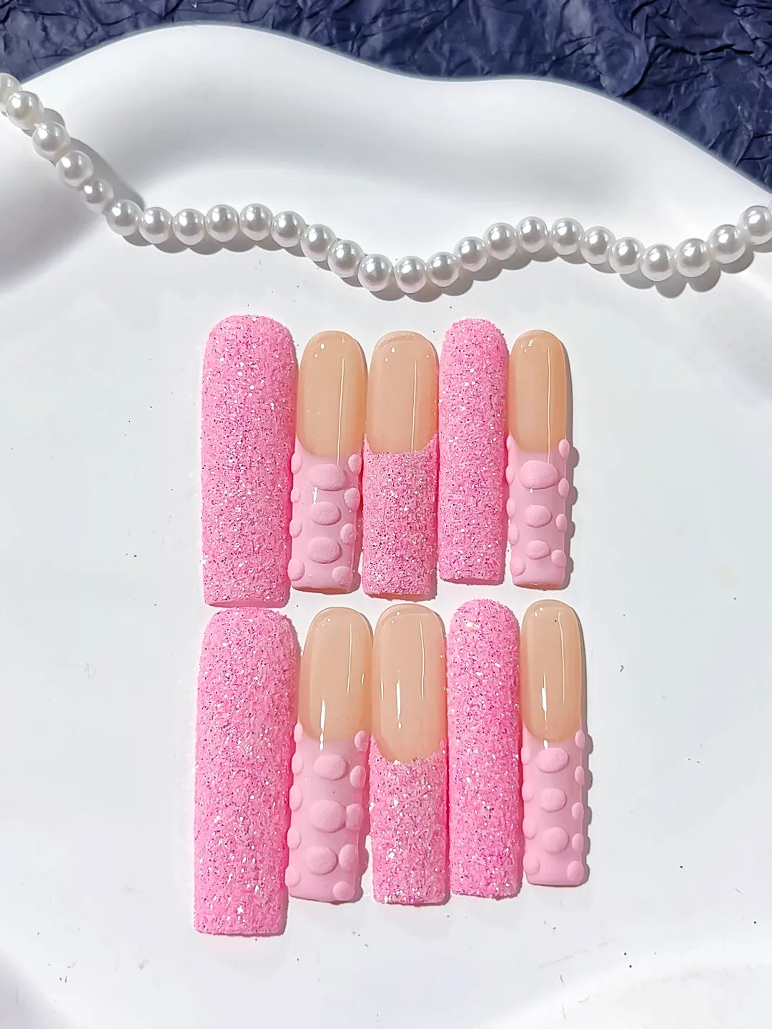Pink Nude Glitter 3D Texture press on nails detail view