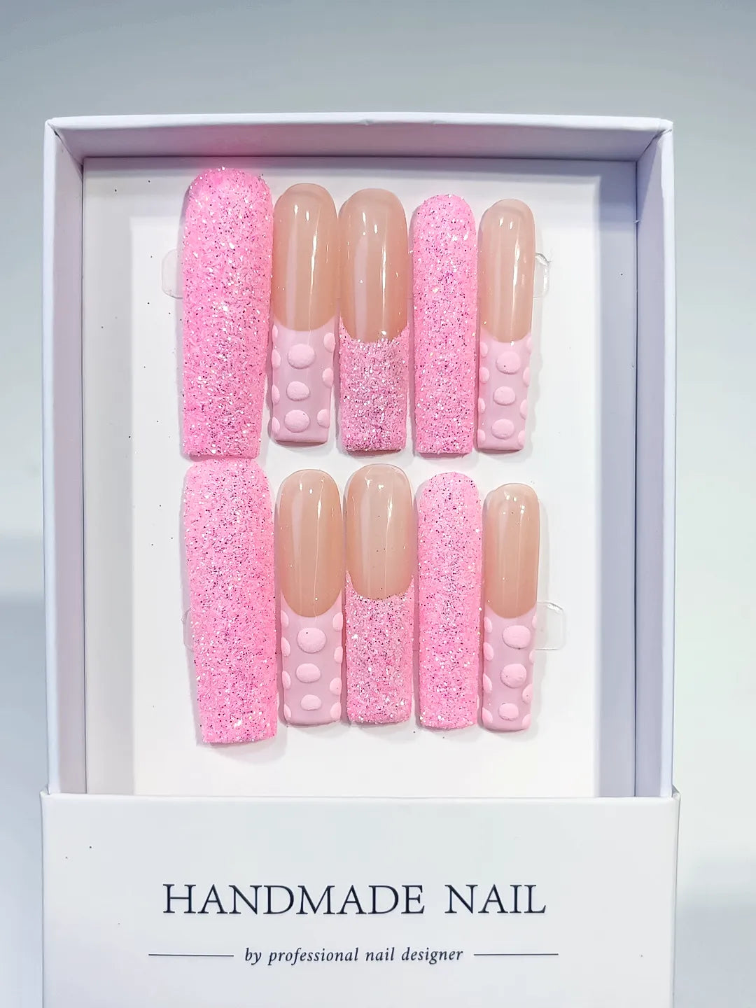 Pink Nude Glitter 3D Texture press on nails full set view