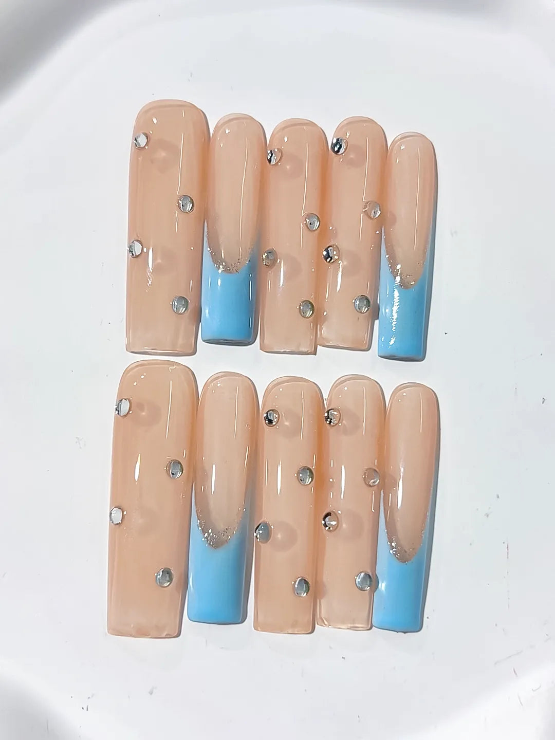Nude Blue Silver French tip Rhinestone press on nails detail view