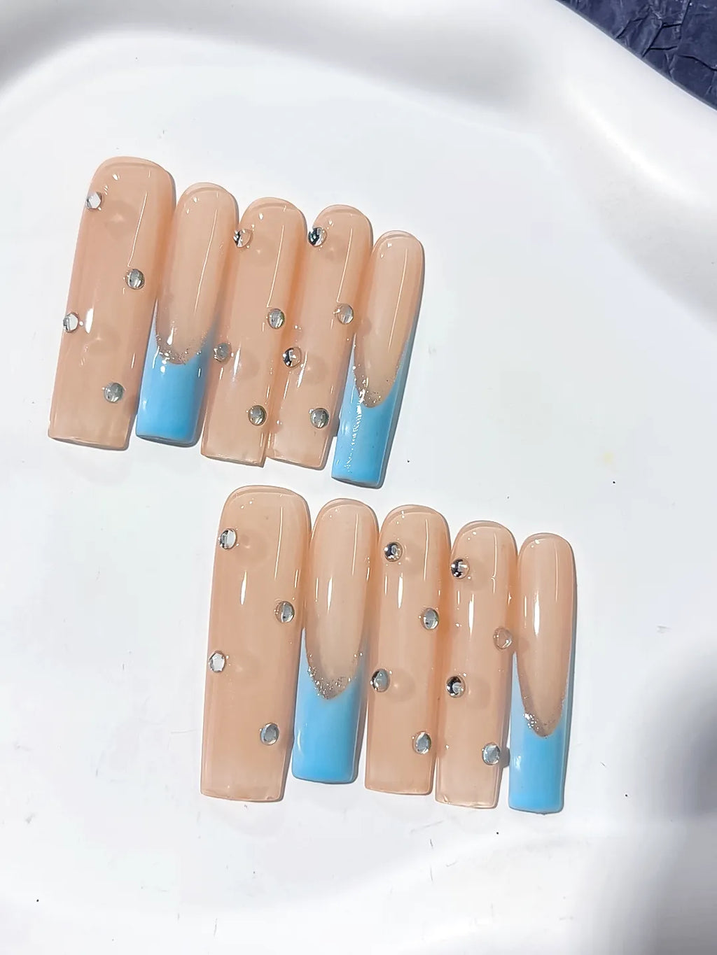 Nude Blue Silver French tip Rhinestone press on nails detail view