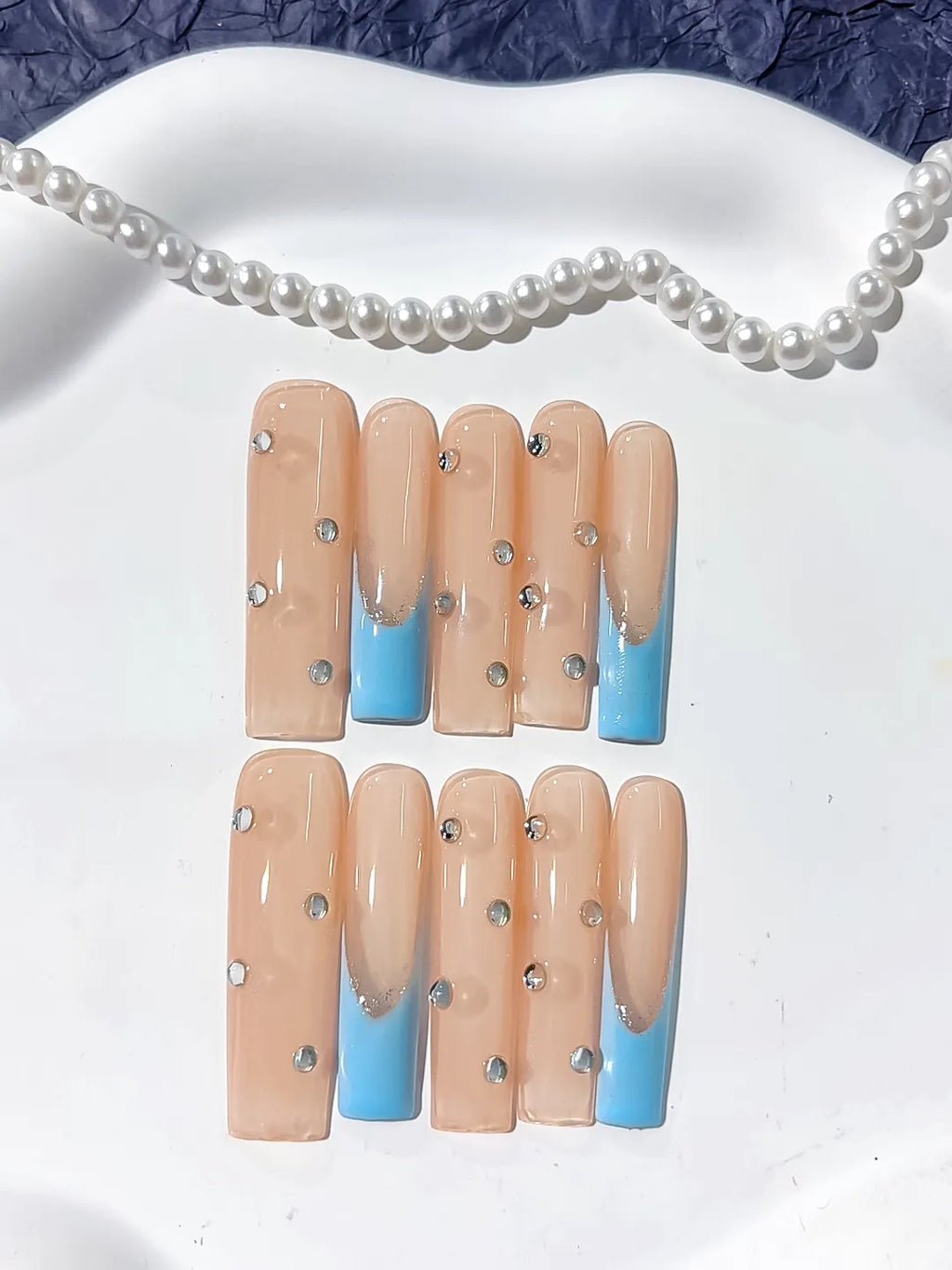 Nude Blue Silver French tip Rhinestone press on nails detail view