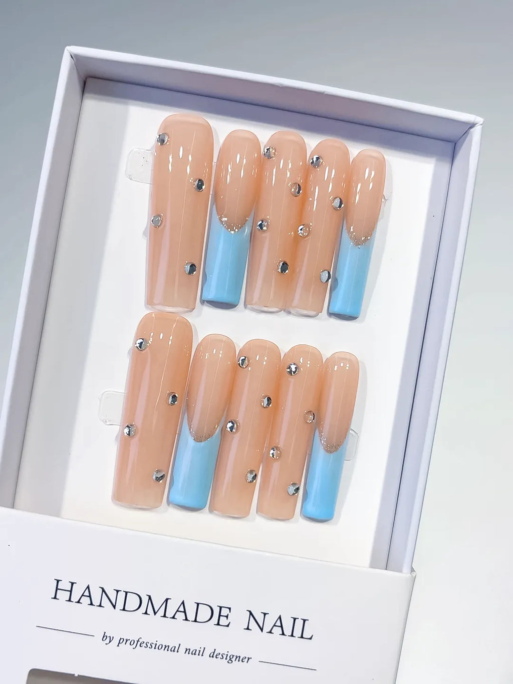 Nude Blue Silver French tip Rhinestone press on nails