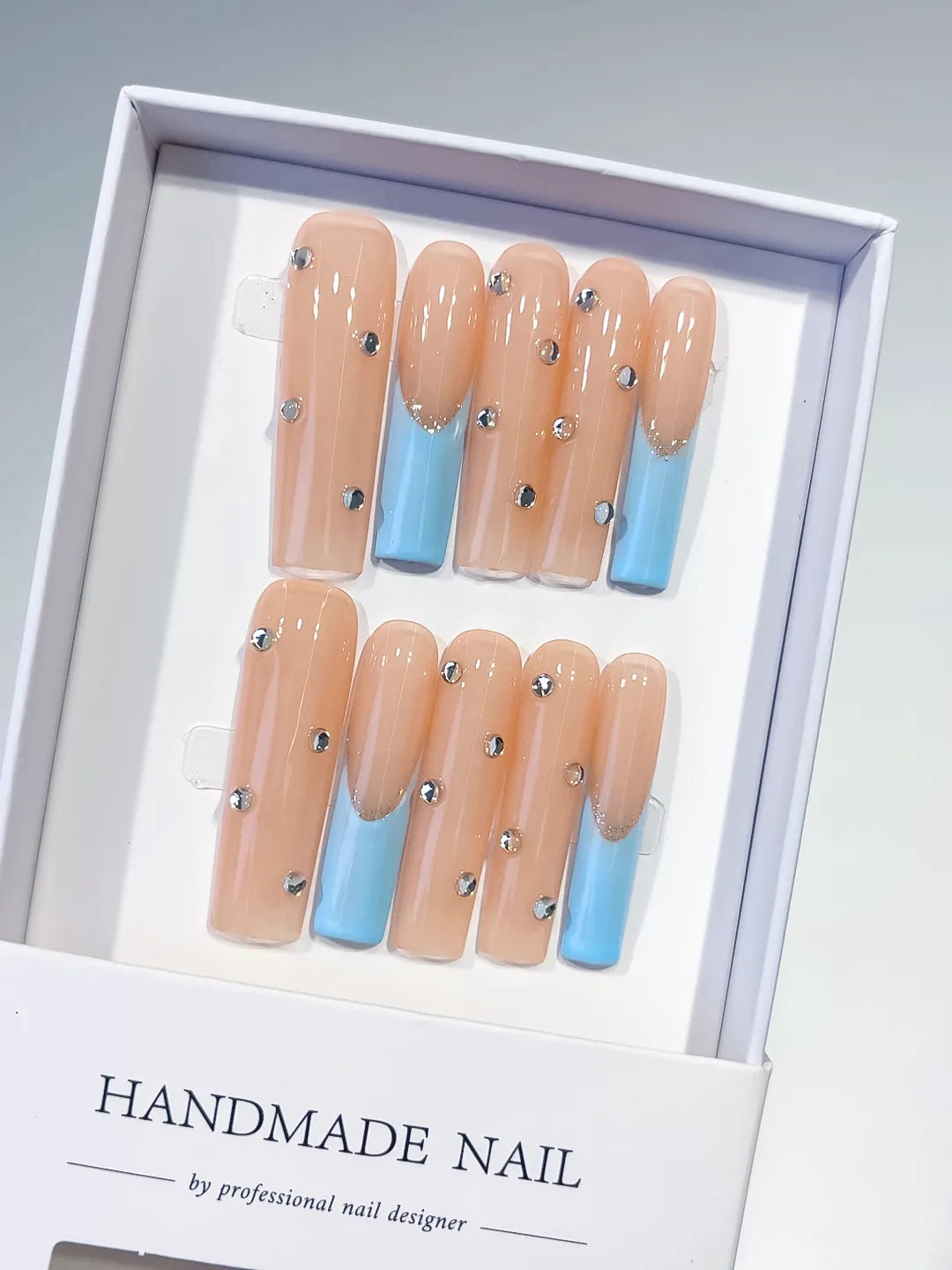 Nude Blue Silver French tip Rhinestone press on nails