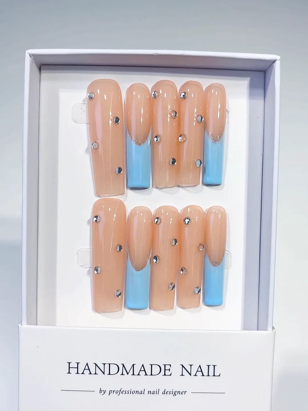 Nude Blue Silver French tip Rhinestone press on nails full set view