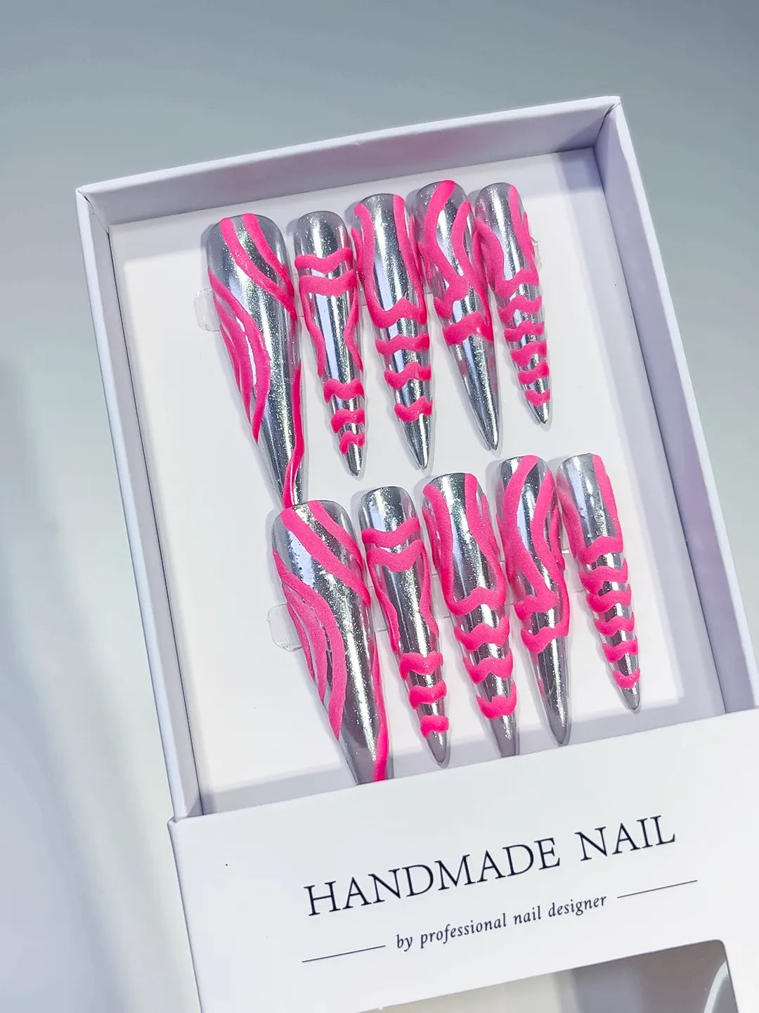 Silver Pink Metallic 3D Texture press on nails angled view