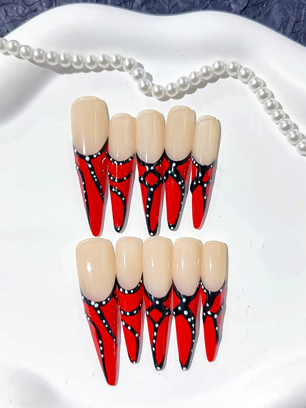 Nude Red Black White Abstract Dot press on nails close up
