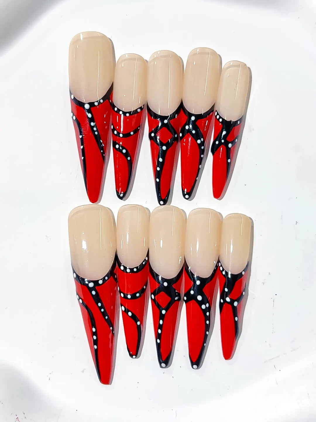 Nude Red Black White Abstract Dot press on nails detail view