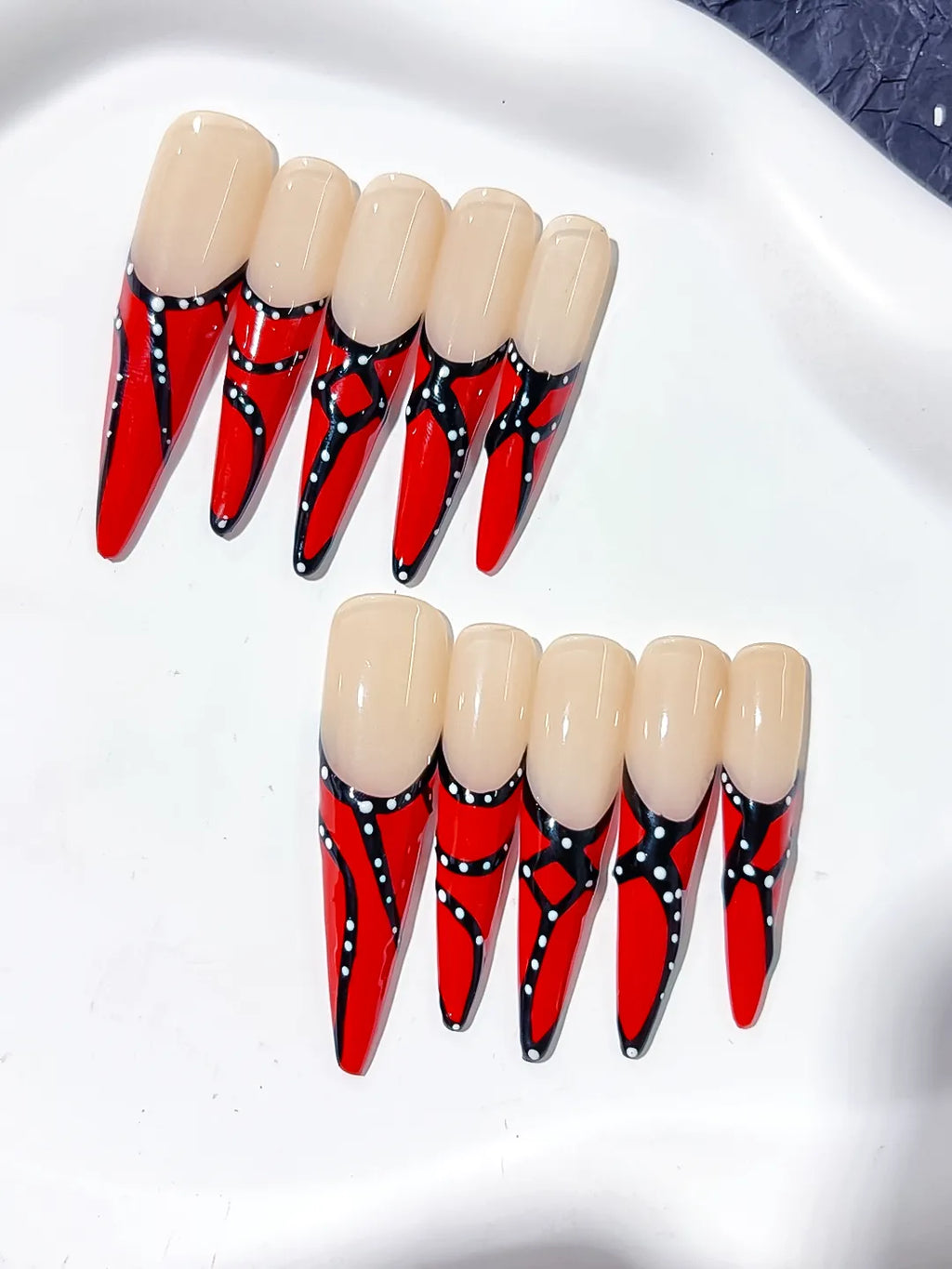Nude Red Black White Abstract Dot press on nails detail view
