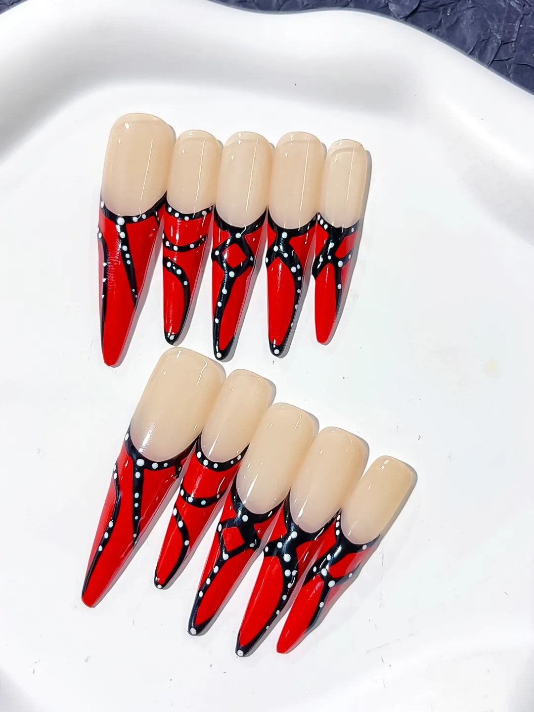 Nude Red Black White Abstract Dot press on nails detail view