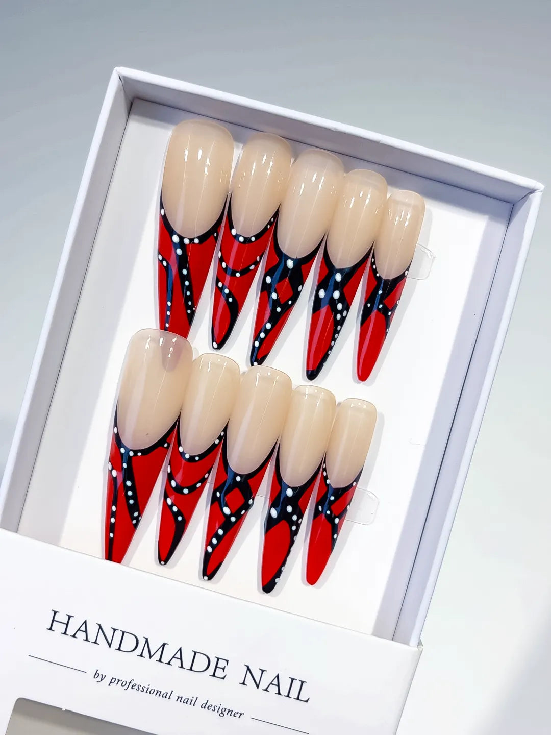 Nude Red Black White Abstract Dot press on nails