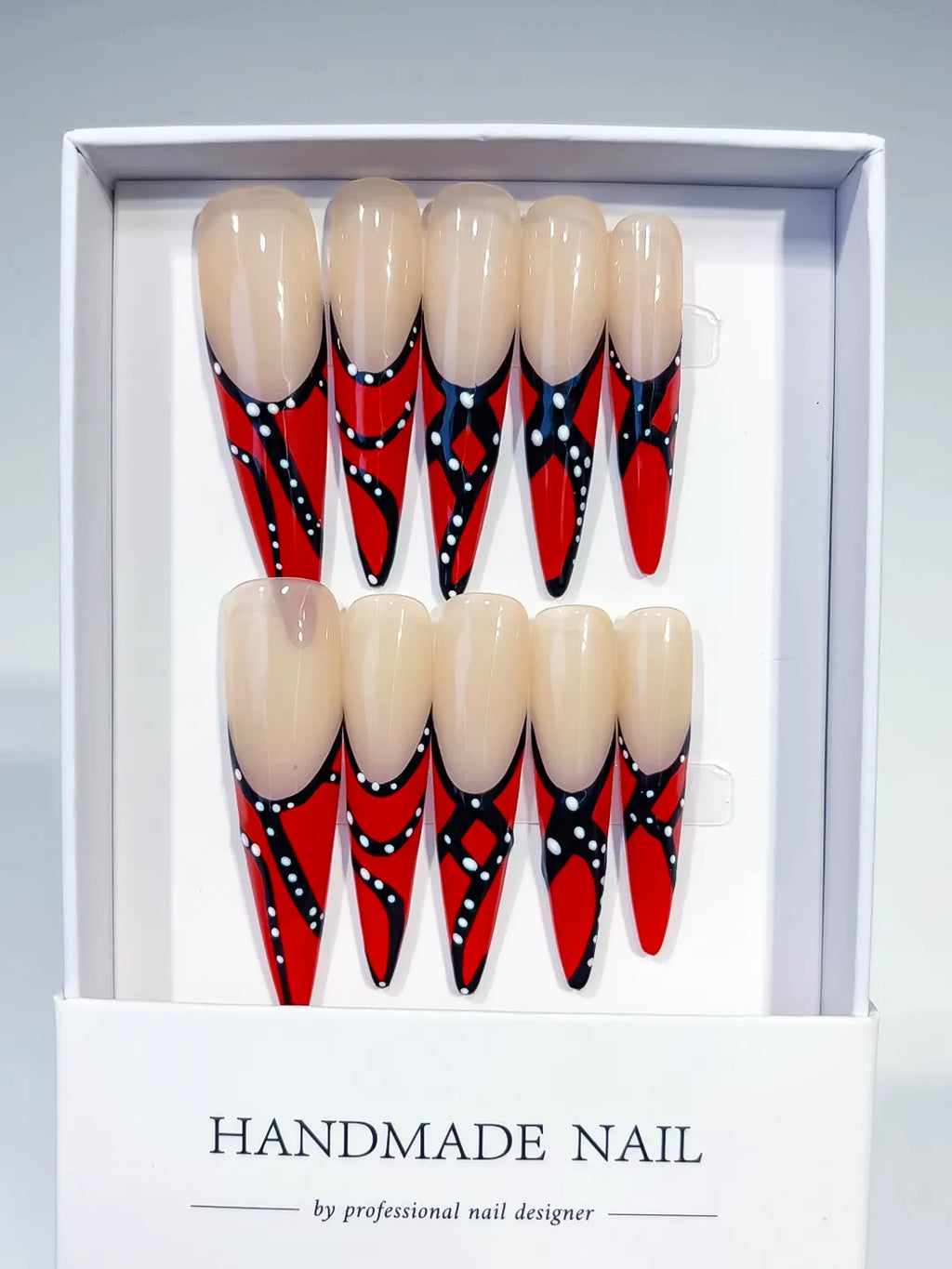 Nude Red Black White Abstract Dot press on nails full set view