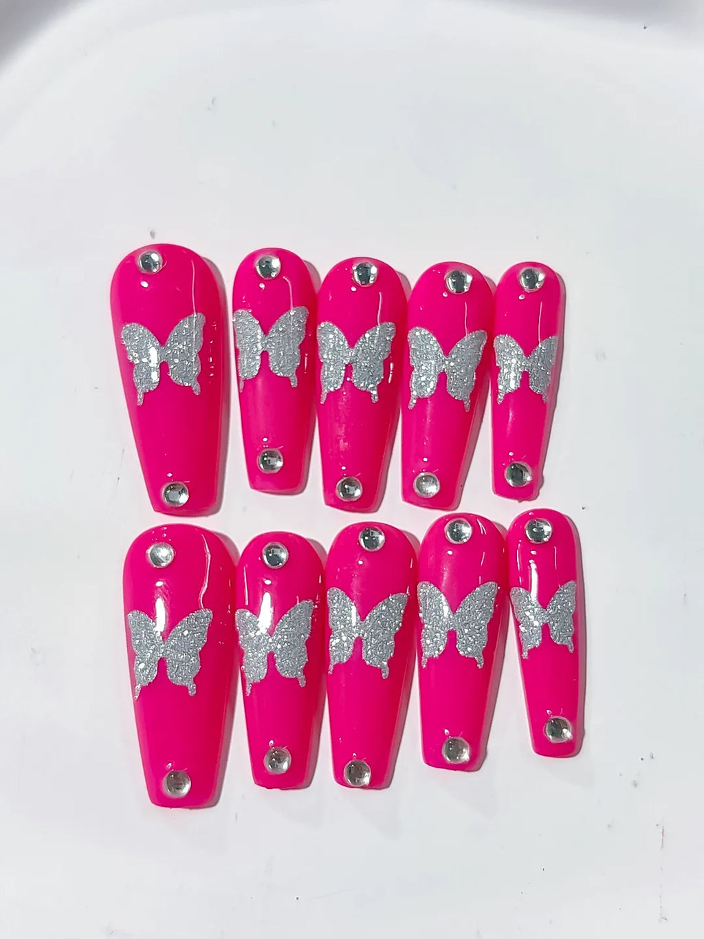 Pink Silver Solid color Butterfly Rhinestone press on nails detail view