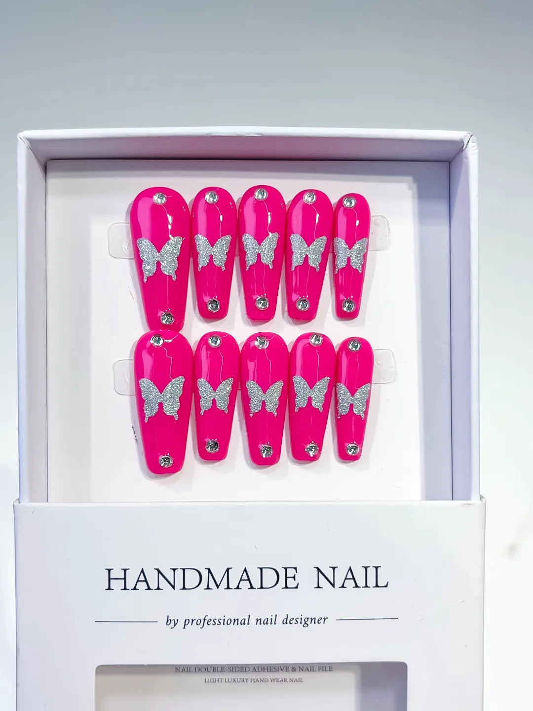 Pink Silver Solid color Butterfly Rhinestone press on nails full set view