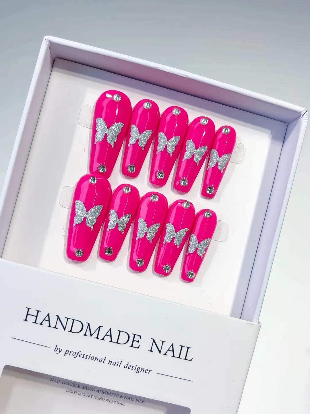 Pink Silver Solid color Butterfly Rhinestone press on nails