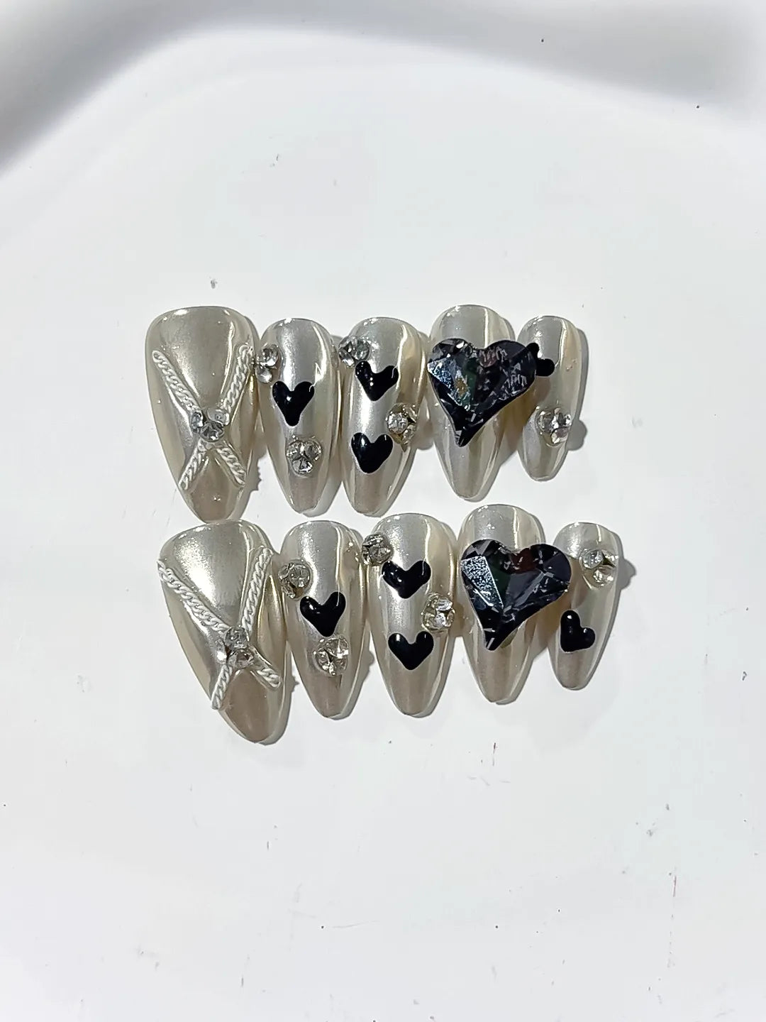 Silver Black Blue Metallic Heart Bow Rhinestone 3D press on nails detail view