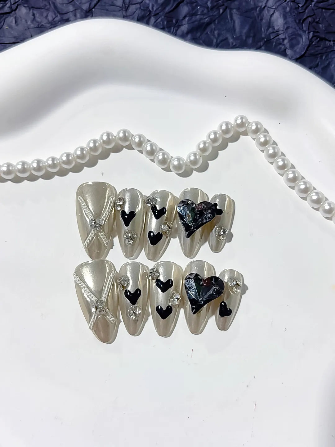 Silver Black Blue Metallic Heart Bow Rhinestone 3D press on nails close up