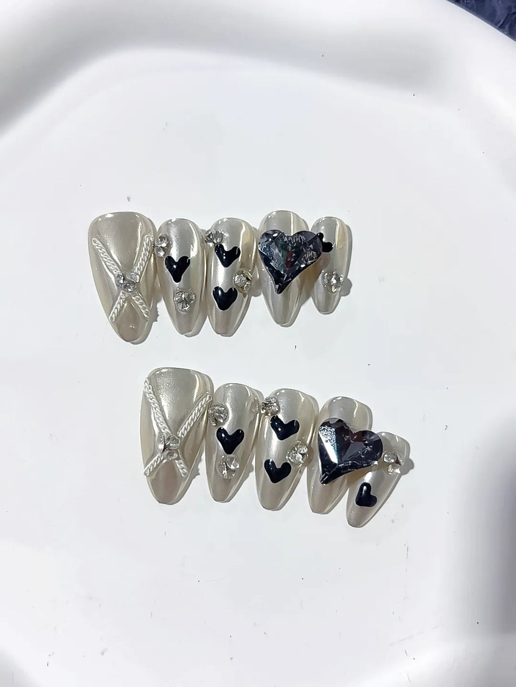 Silver Black Blue Metallic Heart Bow Rhinestone 3D press on nails detail view