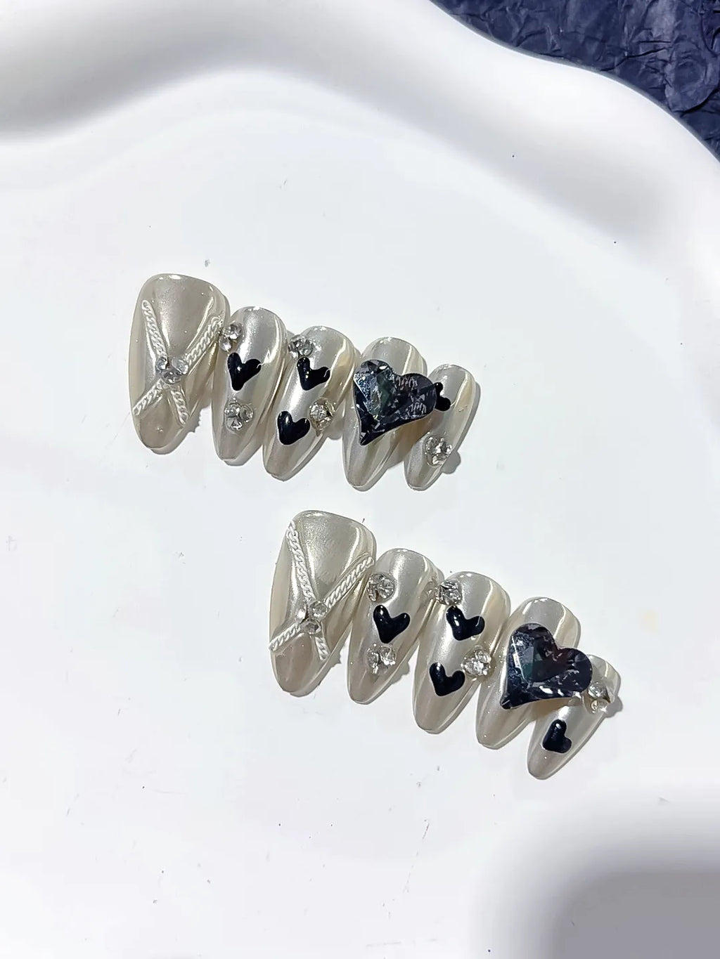 Silver Black Blue Metallic Heart Bow Rhinestone 3D press on nails detail view