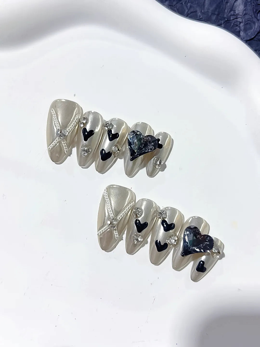 Silver Black Blue Metallic Heart Bow Rhinestone 3D press on nails detail view