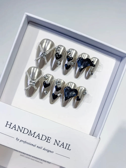 Silver Black Blue Metallic Heart Bow Rhinestone 3D press on nails