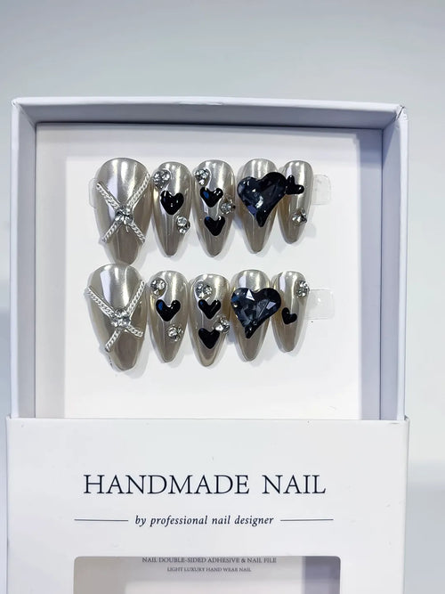 Silver Black Blue Metallic Heart Bow Rhinestone 3D press on nails full set view
