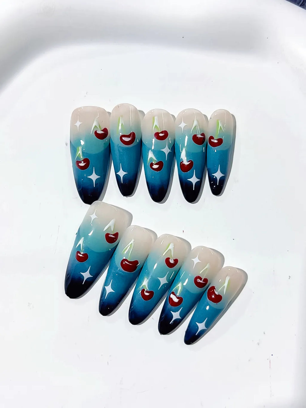 Blue Nude White Red Floral Cherry Star press on nails detail view