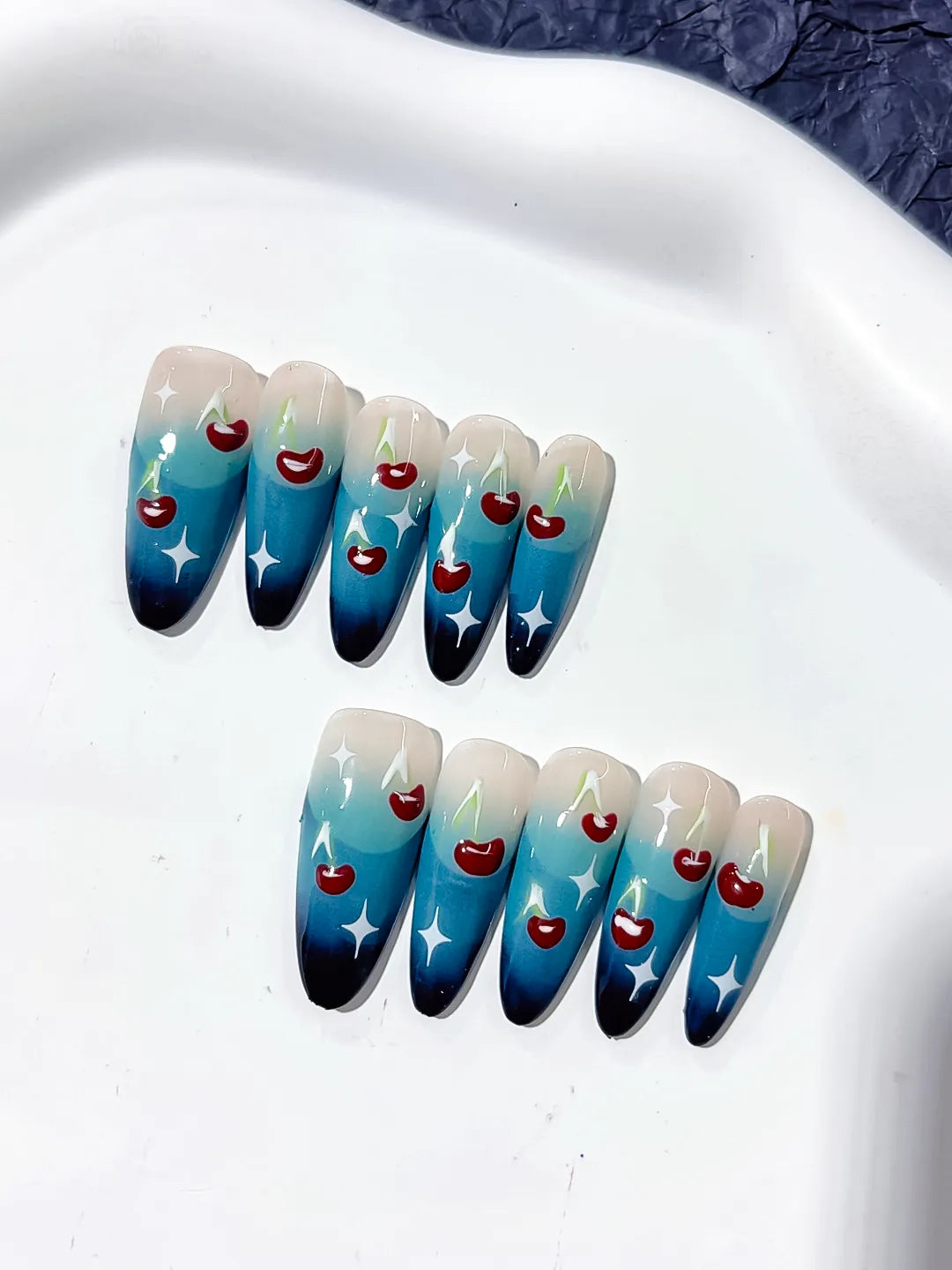 Blue Nude White Red Floral Cherry Star press on nails close up