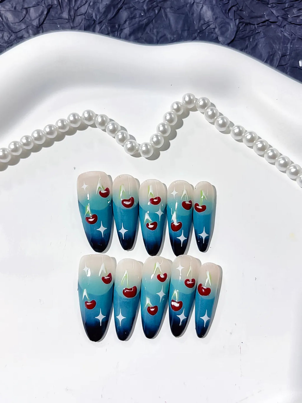 Blue Nude White Red Floral Cherry Star press on nails detail view