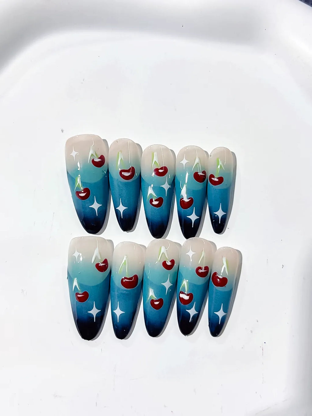 Blue Nude White Red Floral Cherry Star press on nails detail view