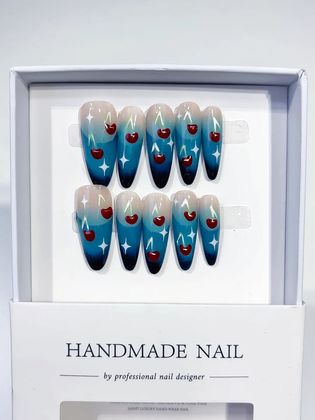 Blue Nude White Red Floral Cherry Star press on nails full set view