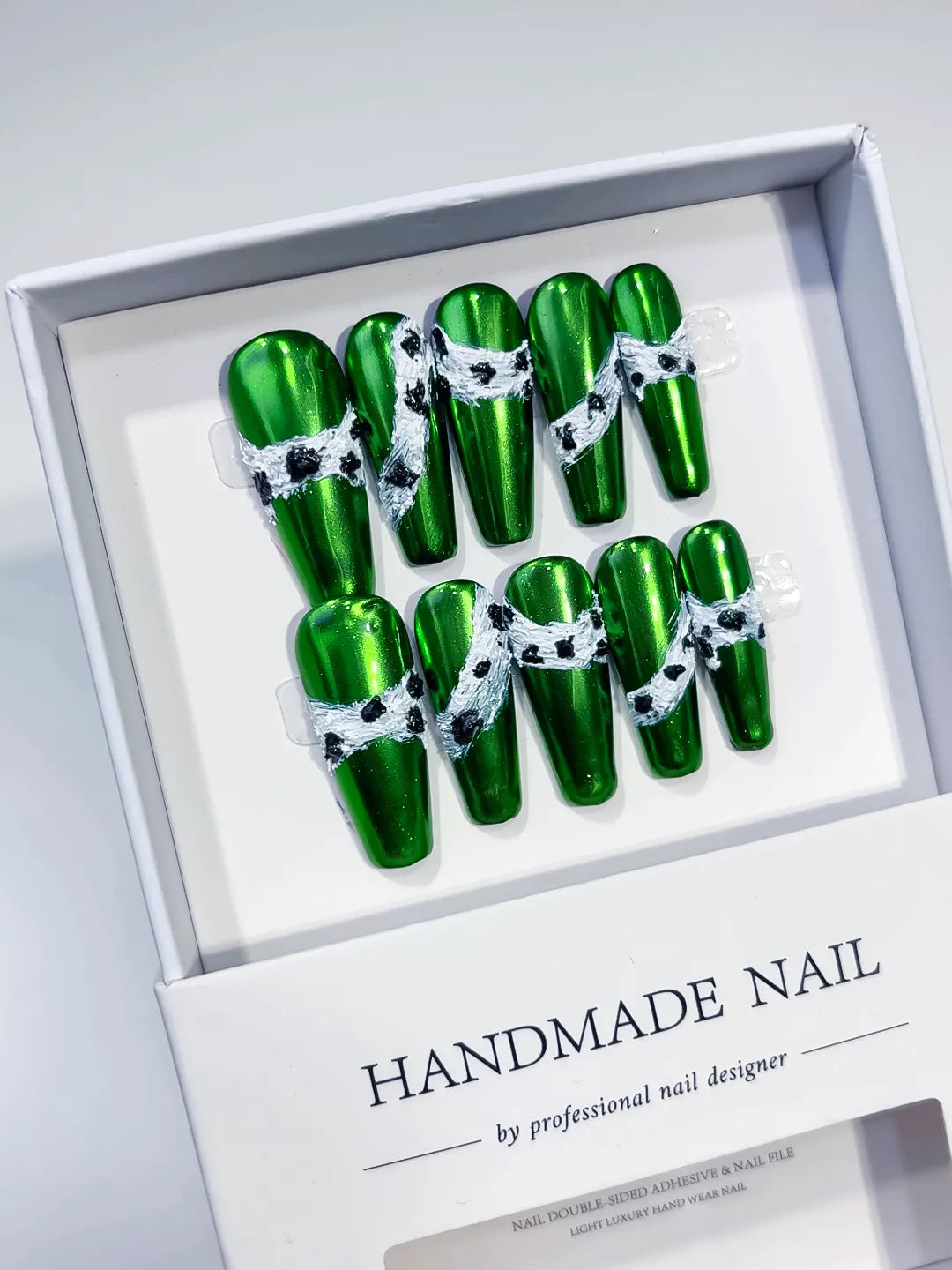 Green Silver Black Metallic Lace 3D press on nails angled view
