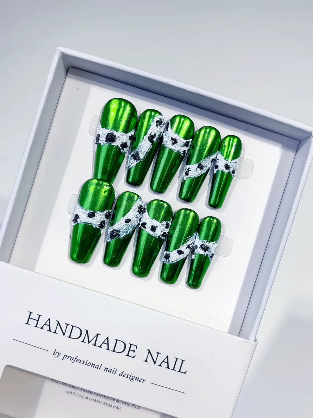 Green Silver Black Metallic Lace 3D press on nails