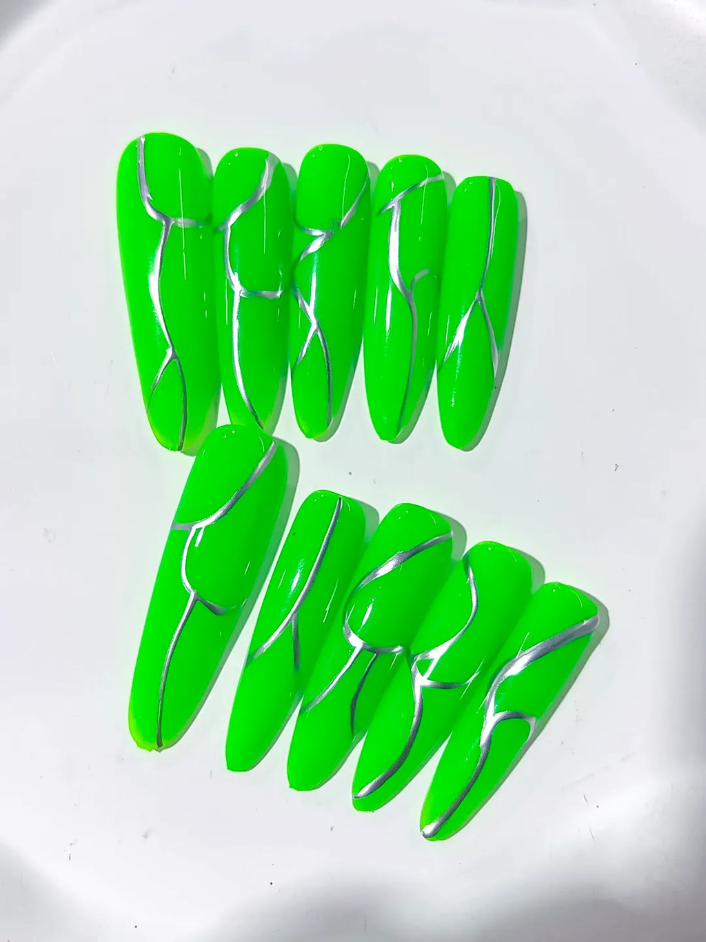 Green Silver Abstract Metallic Accent press on nails close up