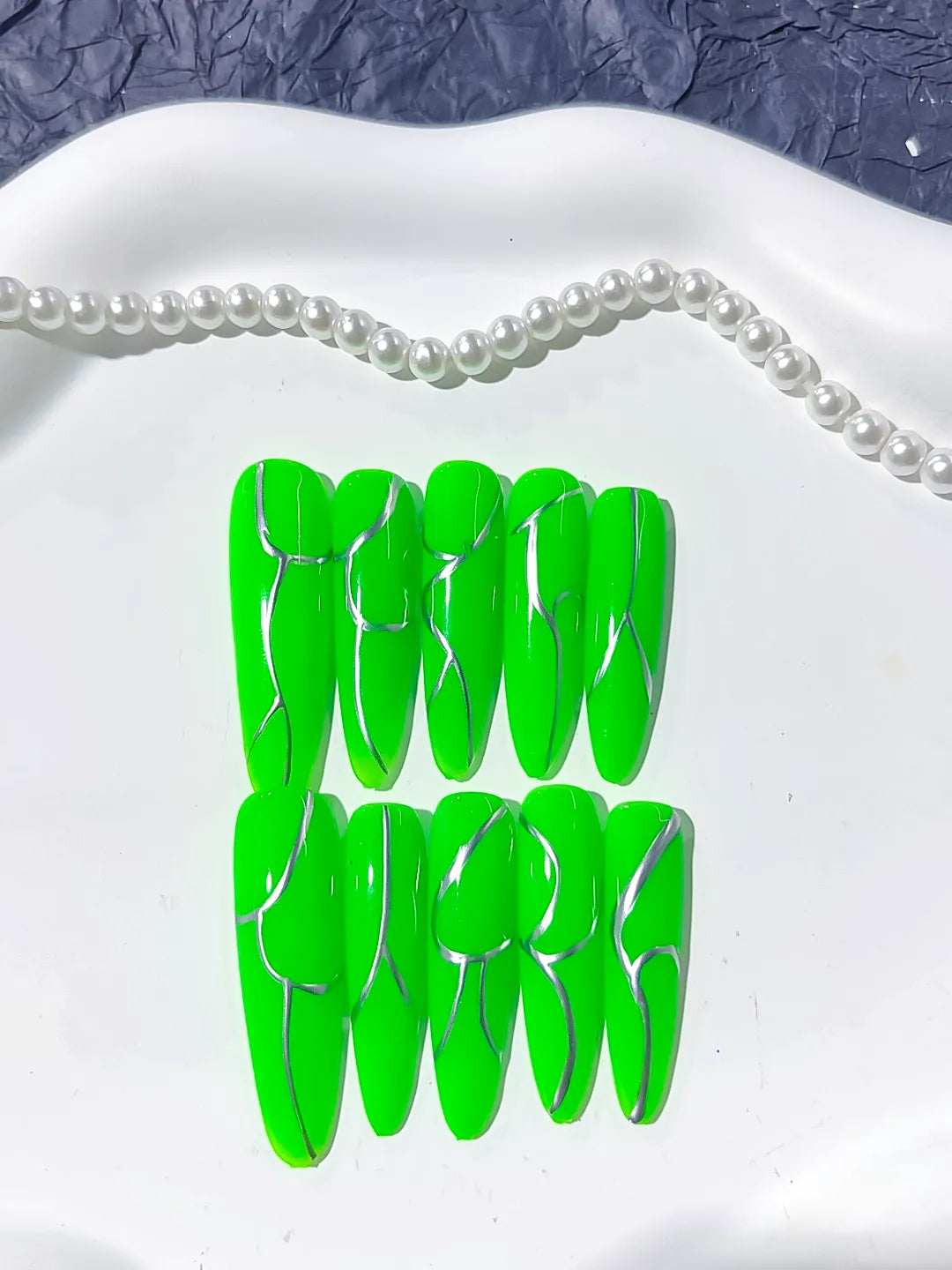 Green Silver Abstract Metallic Accent press on nails detail view