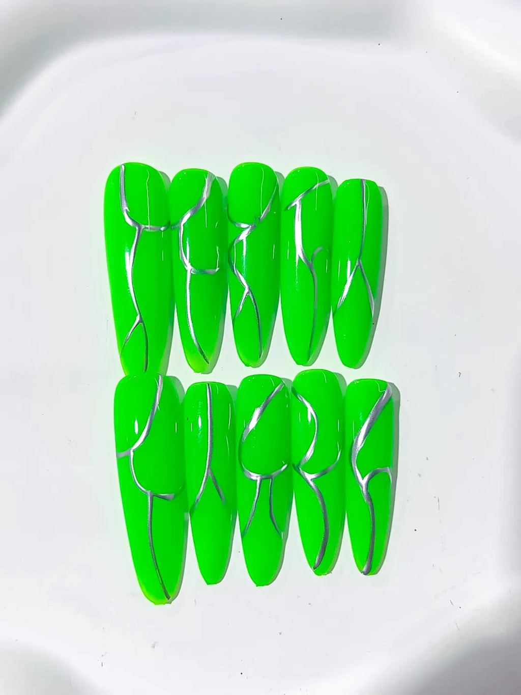 Green Silver Abstract Metallic Accent press on nails detail view