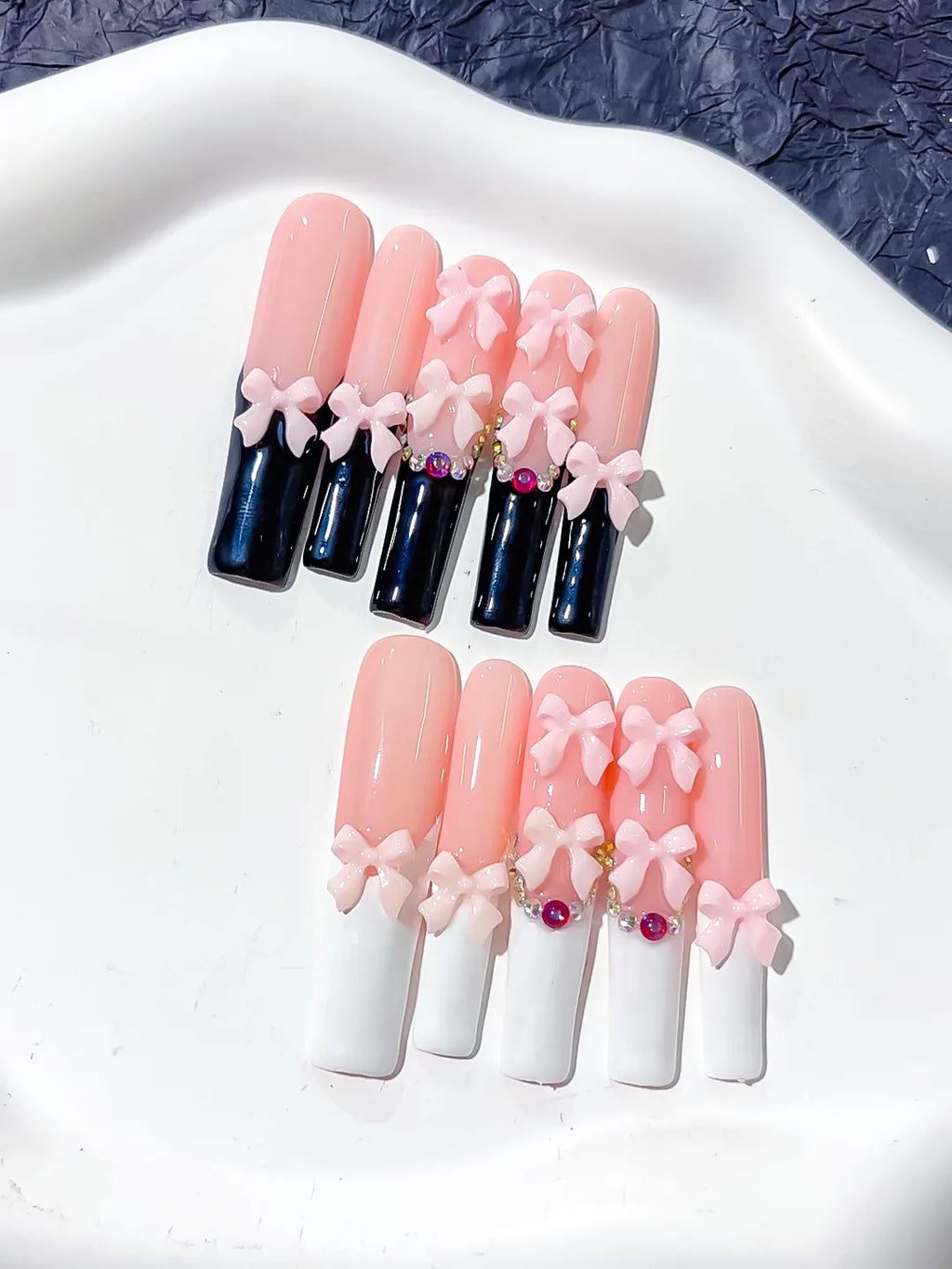 Pink Black White Multicolor French tip Bow Rhinestone 3D press on nails detail view