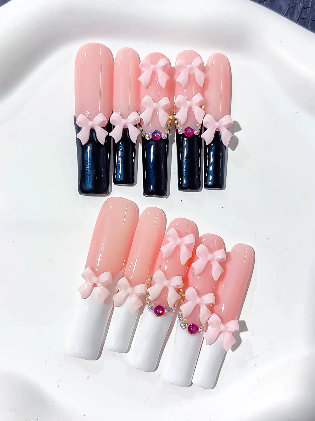 Pink Black White Multicolor French tip Bow Rhinestone 3D press on nails close up