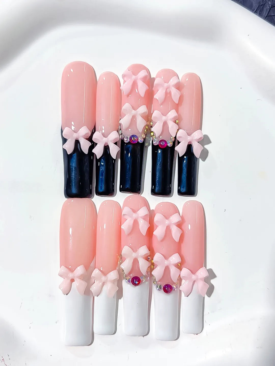 Pink Black White Multicolor French tip Bow Rhinestone 3D press on nails detail view