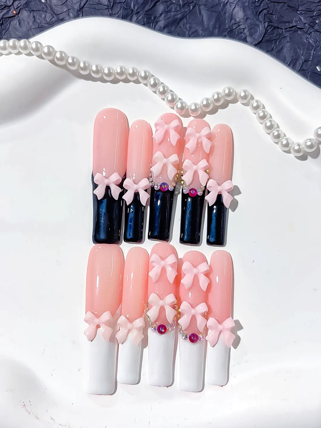 Pink Black White Multicolor French tip Bow Rhinestone 3D press on nails detail view