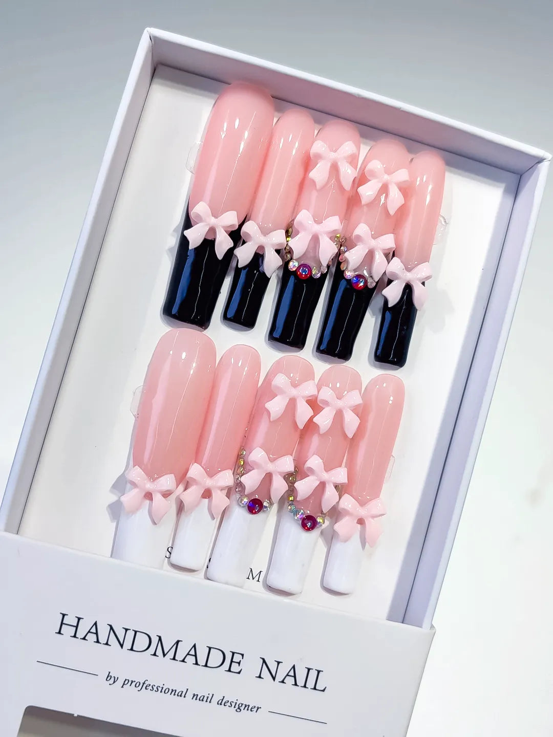 Pink Black White Multicolor French tip Bow Rhinestone 3D press on nails